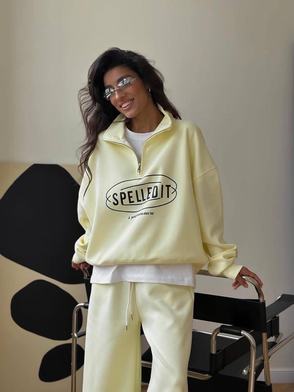 женские костюмы,спортивные костюм,спортивный костюм двойка sporty&rich w suits цвет желтый лимонный,спортивный костюм двойка sporty&rich w suits,костюм спортивный на молнии палаццо с кулиской 05mrk цв