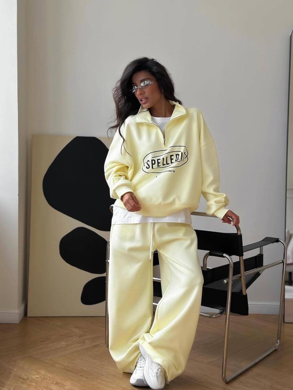 женские костюмы,спортивные костюм,спортивный костюм двойка sporty&rich w suits цвет желтый лимонный,спортивный костюм двойка sporty&rich w suits,костюм спортивный на молнии палаццо с кулиской 05mrk цв
