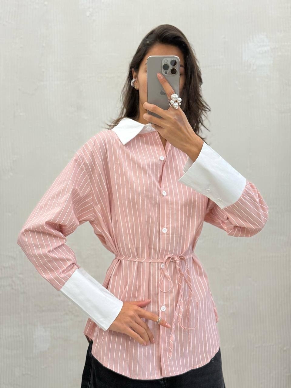 хлопковая рубашка в полоску оверсайз cosmo brand,рубашка женская,хлопковая рубашка в полоску оверсайз,рубашка розовая,рубашка в полоску
