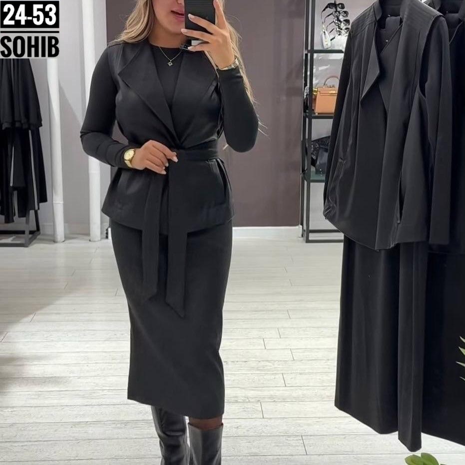 костюм (жилет+юбка) lady taiga черный,женские жилеты,женский костюм,жилет удлиненный,костюм жилетка с юбкой