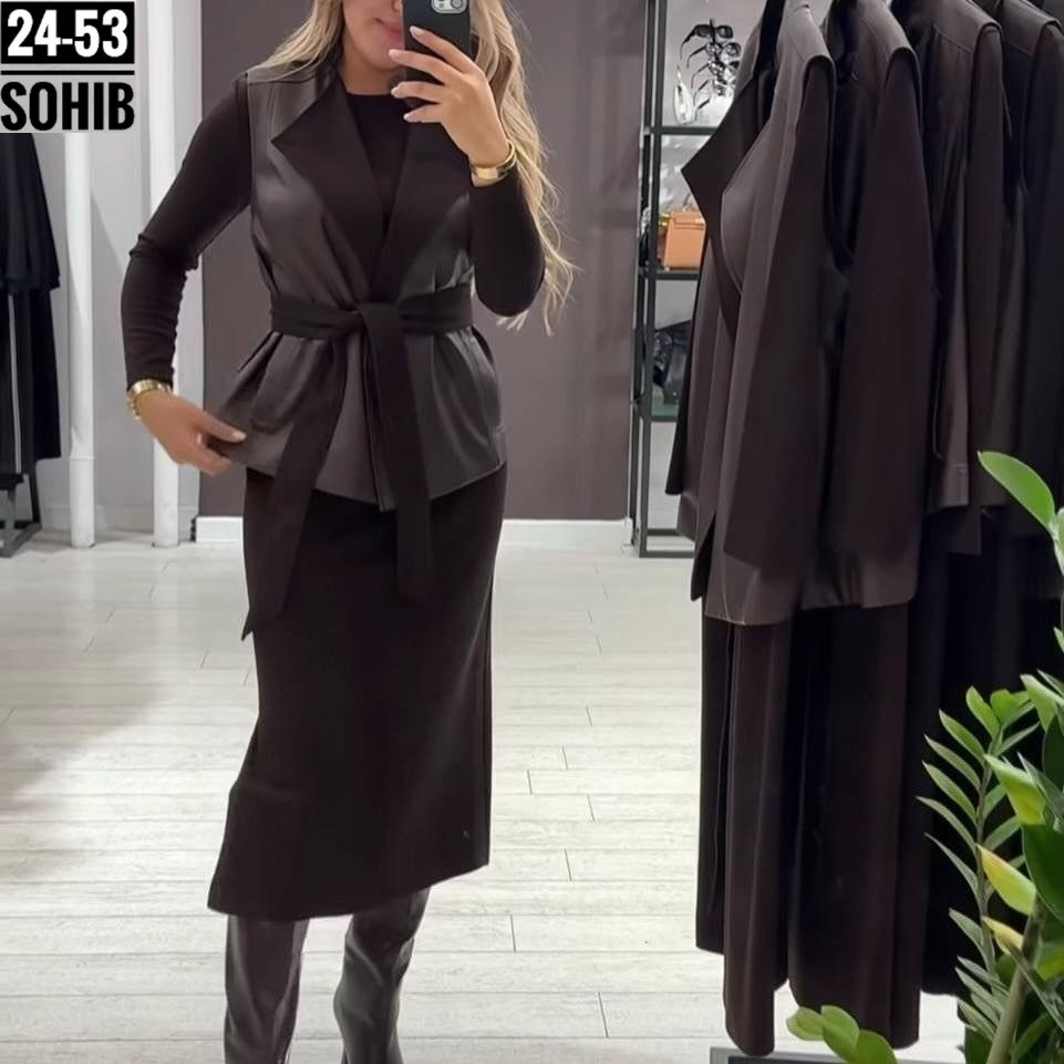 костюм (жилет+юбка) lady taiga черный,женские жилеты,женский костюм,жилет удлиненный,костюм жилетка с юбкой