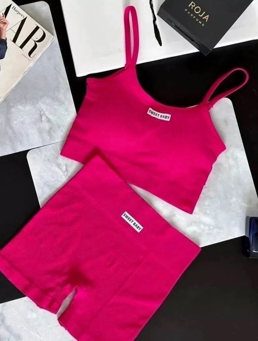 спортивный костюм летний топ и шорты для фитнеса new style+ цвет розовый,спортивный костюм летний топ и шорты для фитнеса,костюм спортивный велосипедки с топом малиновый,костюм спортивный велосипедки