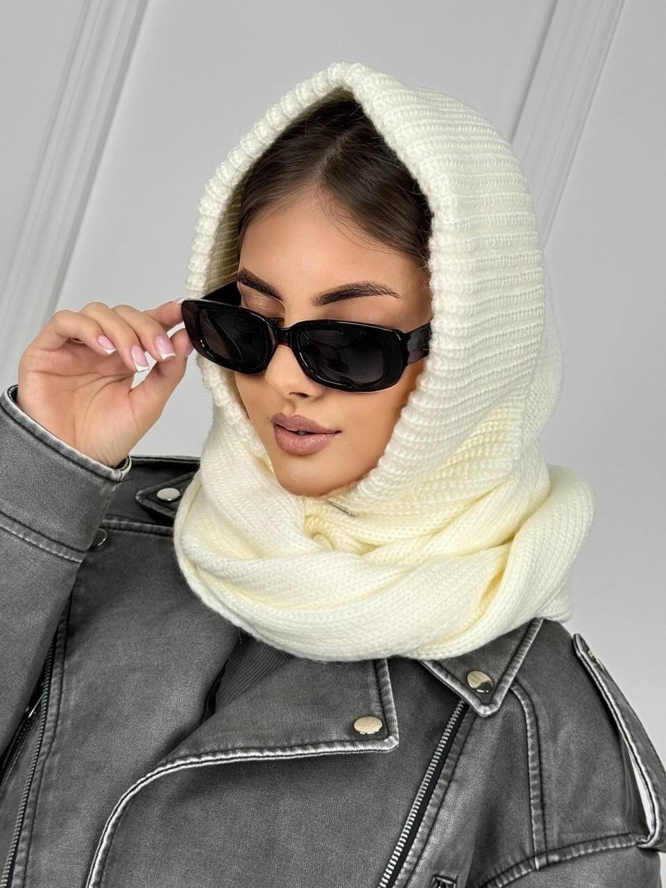 капор шапка шарф,шарф женский,капор вязаный,женский вязанный капор-снуд молочный,капор вязаный зимний
