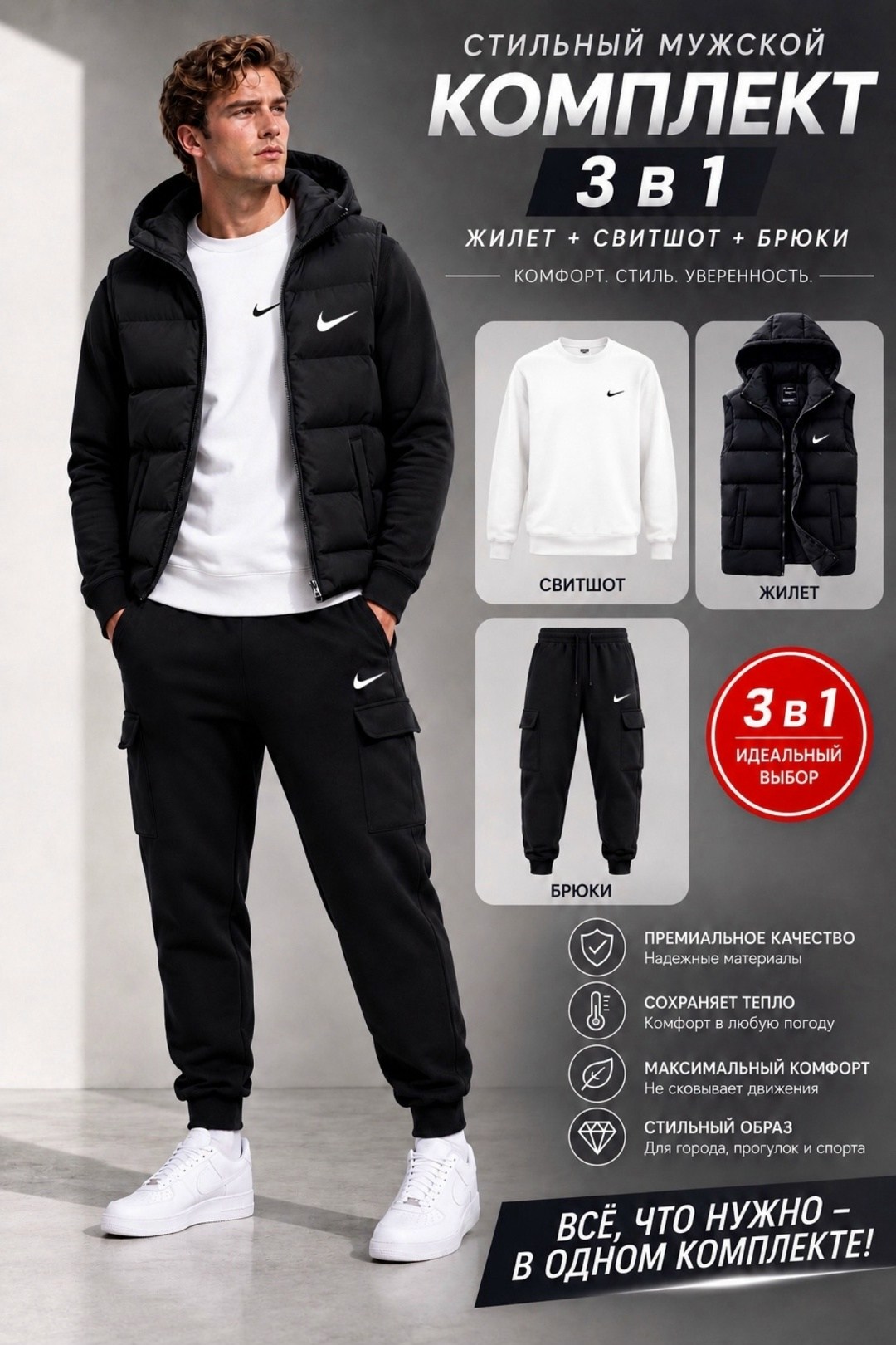 мужской спортивный костюм тройка nike с жилетом,спортивный костюм мужской тройкой с жилетом,спортивный костюм 3 в 1,костюм спортивный мужской,спортивные костюмы nike