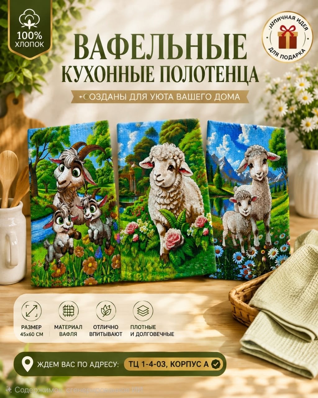 полотенце вафельное новогоднее,полотенца кухонные вафельные набор,набор вафельные полотенца,новогодняя коза,с новым годом год козы овцы