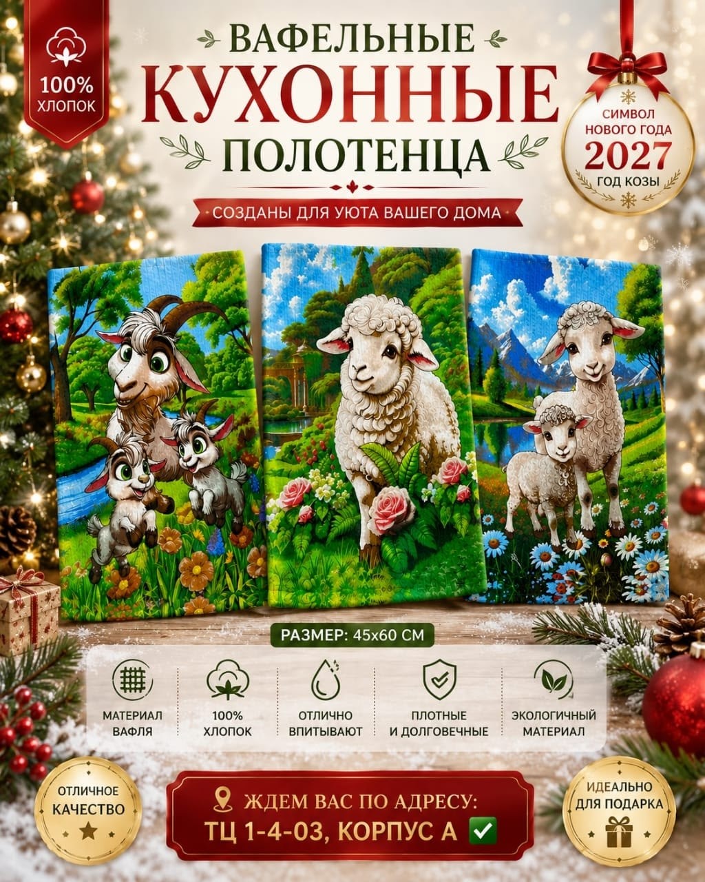 полотенце вафельное новогоднее,полотенца кухонные вафельные набор,набор вафельные полотенца,новогодняя коза,с новым годом год козы овцы