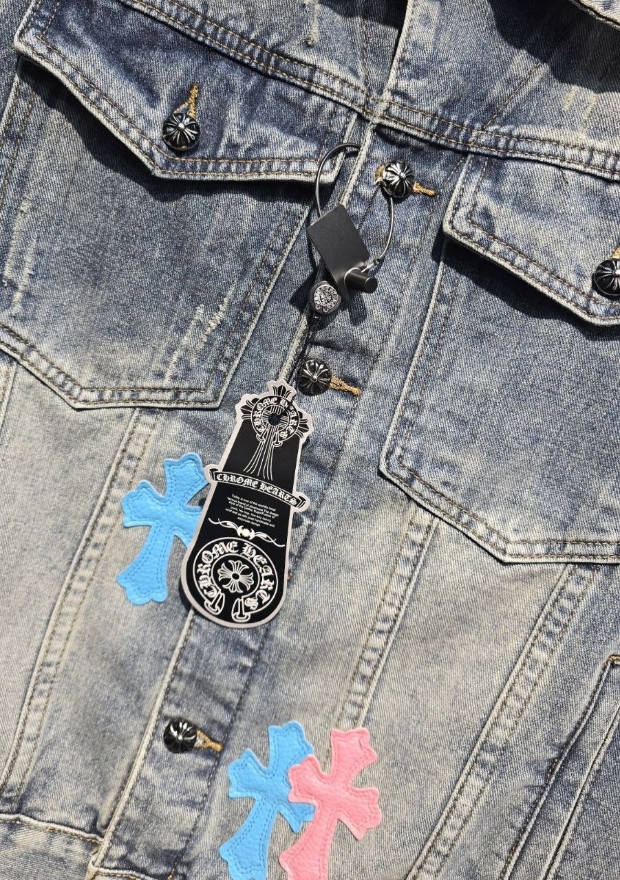 джинсовая куртка chrome hearts,джинсовая куртка,свободная джинсовая куртка с вышивкой,мужская джинсовая куртка,джинсовая куртка с черными крестами