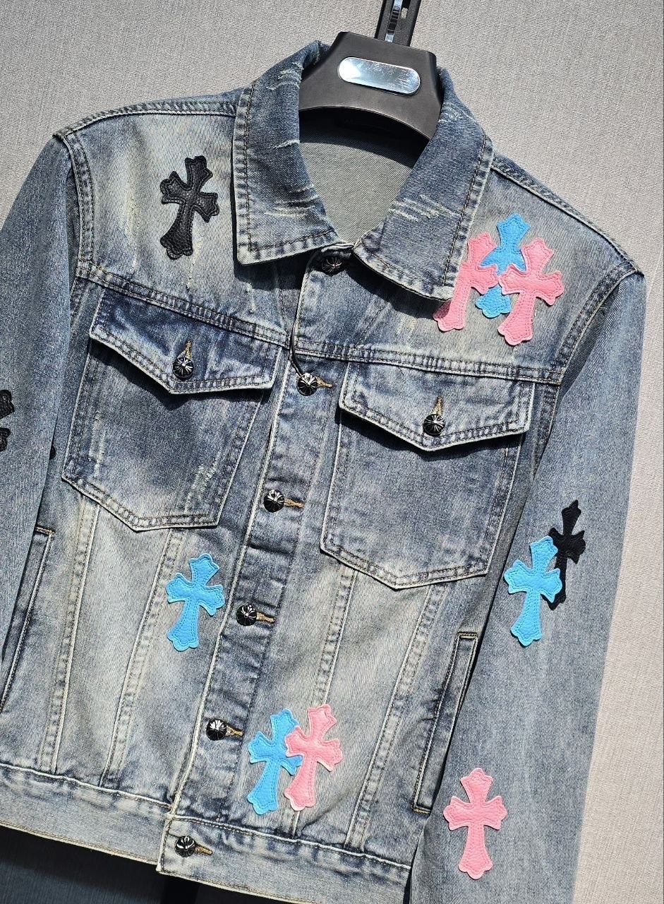 джинсовая куртка chrome hearts,джинсовая куртка,свободная джинсовая куртка с вышивкой,мужская джинсовая куртка,джинсовая куртка с черными крестами