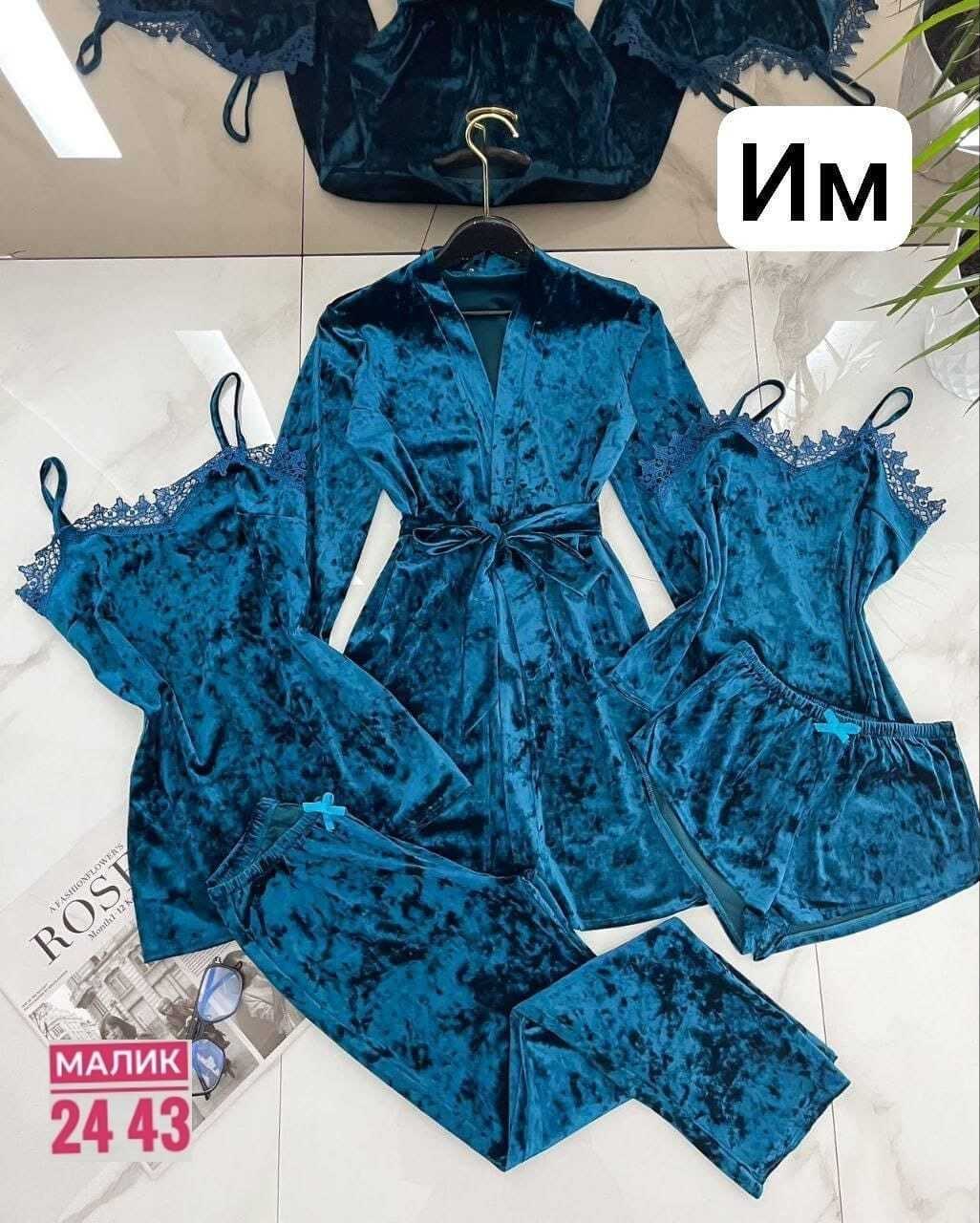комплект пижам 5 в 1,женские пижамы из бархата,комплект пижамный тройка велюр,пижама велюр,пижама бархат