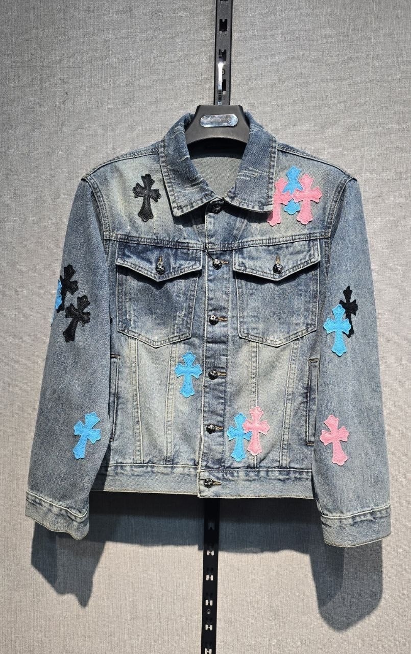 джинсовая куртка chrome hearts,джинсовая куртка,свободная джинсовая куртка с вышивкой,мужская джинсовая куртка,джинсовая куртка с черными крестами