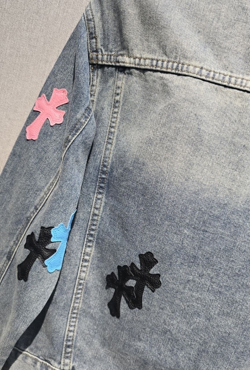 джинсовая куртка chrome hearts,джинсовая куртка,свободная джинсовая куртка с вышивкой,мужская джинсовая куртка,джинсовая куртка с черными крестами