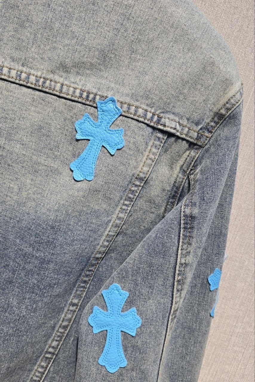 джинсовая куртка chrome hearts,джинсовая куртка,свободная джинсовая куртка с вышивкой,мужская джинсовая куртка,джинсовая куртка с черными крестами