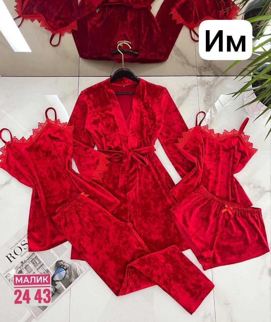 комплект пижам 5 в 1,женские пижамы из бархата,комплект пижамный тройка велюр,пижама велюр,пижама бархат