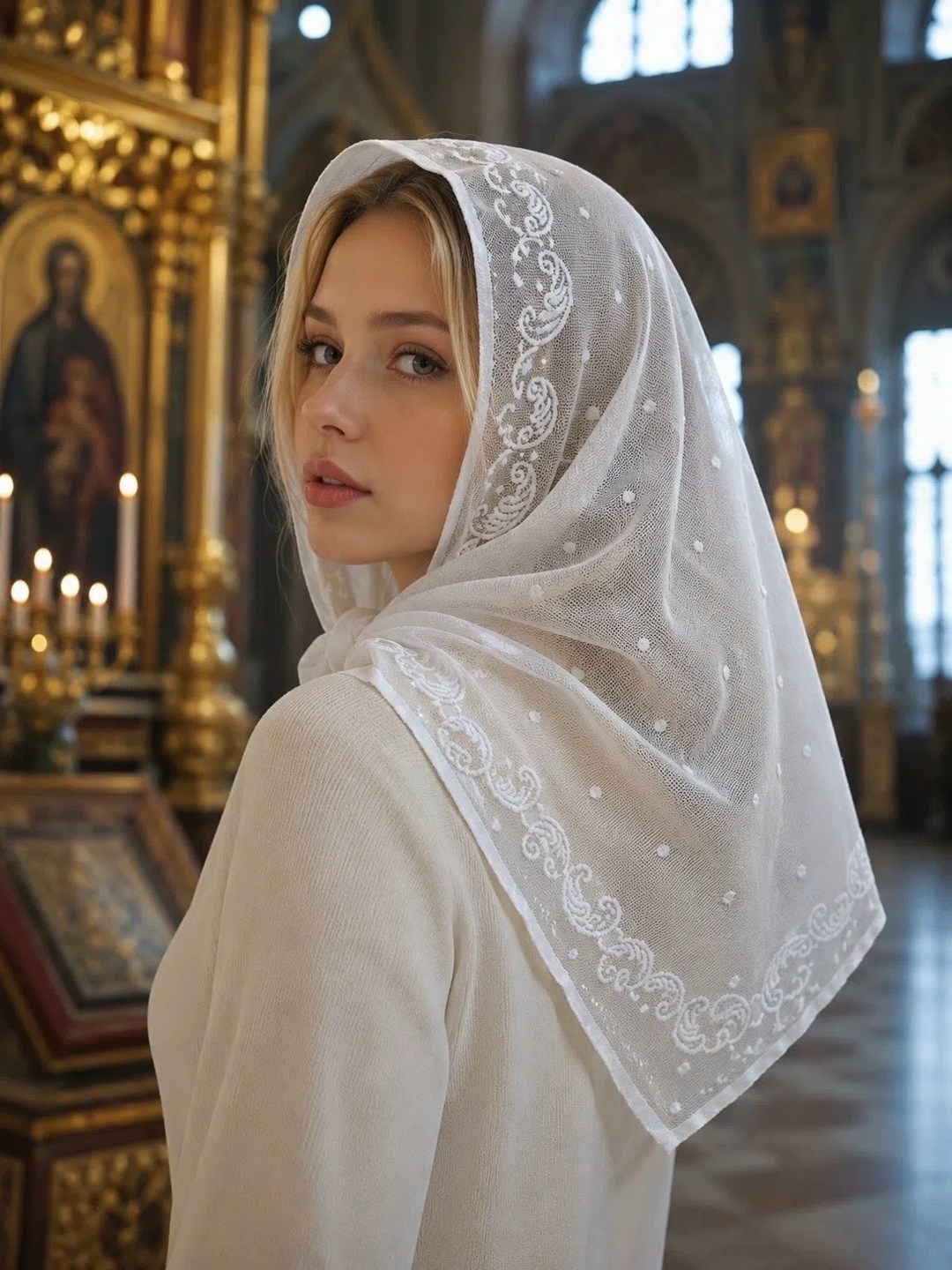 платок в церковь,платок в храм,девушка,платок на голову церковный,платок для венчания