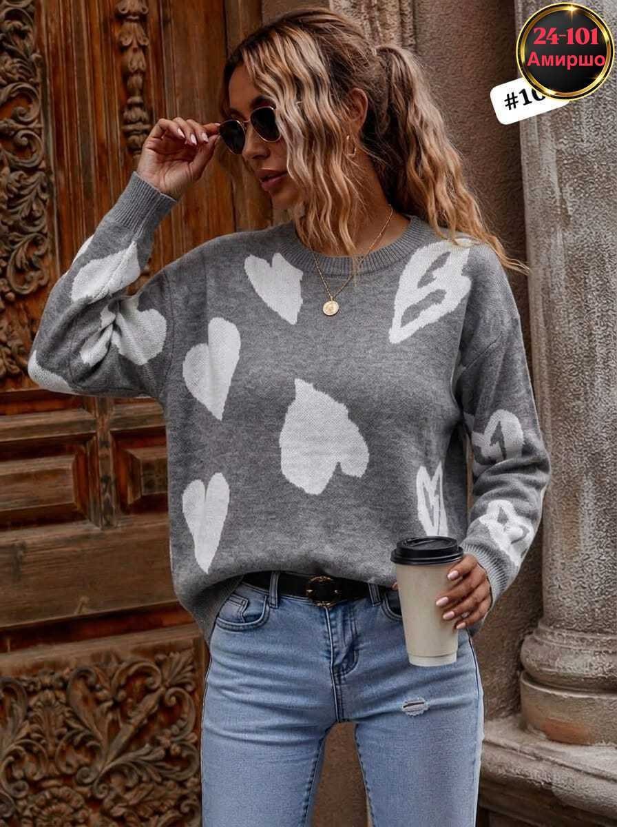 женский свитер,женская кофта,свитер женский серый fashion moll m&a,свитер,свитер с сердечками с кашемира свободного кроя