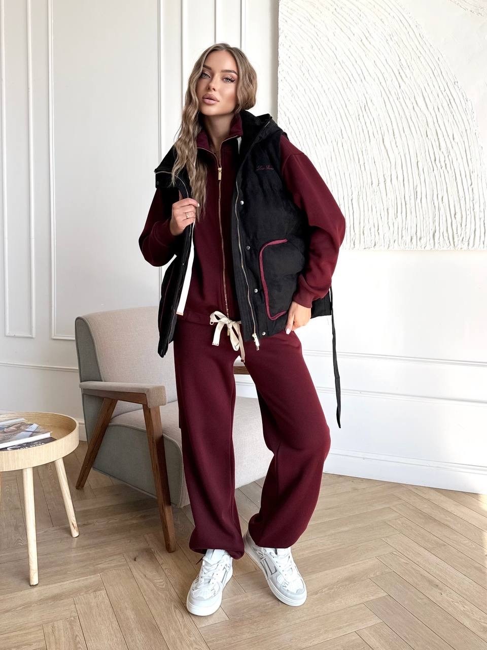 бордовый костюм,костюм спортивный "mikimi" бордовый,костюм на флисе,флисовый костюм с жилеткой,теплый костюм