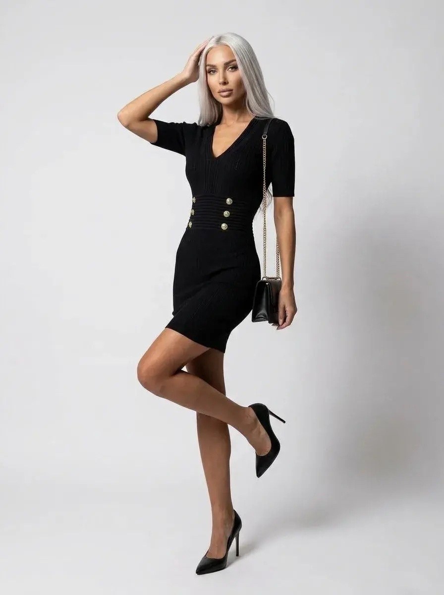 мини-платье из трикотажа balmain черное,платье balmain,бандажное платье balmain,платье бандажное,платье женское balmain