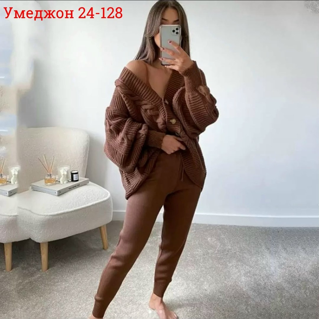костюм трикотажный женский с кардиганом,женский вязаный костюм,костюм трикотажный брючный вязаный оверсайз verh 170444399,вязаные кардиганы,кардиган женский вязаный