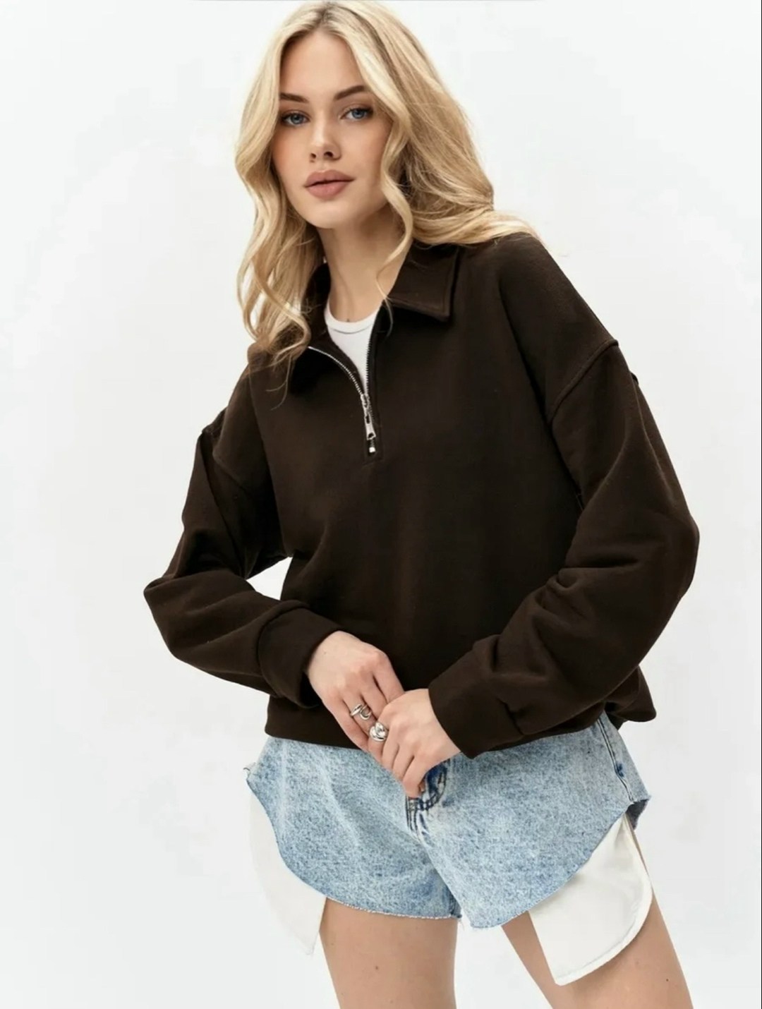 sun victoria-women's black polo neck oversize 3 thread ribbed sweatshirt,стильная кофта,кофта женская,свитшот женская,кофта с замком