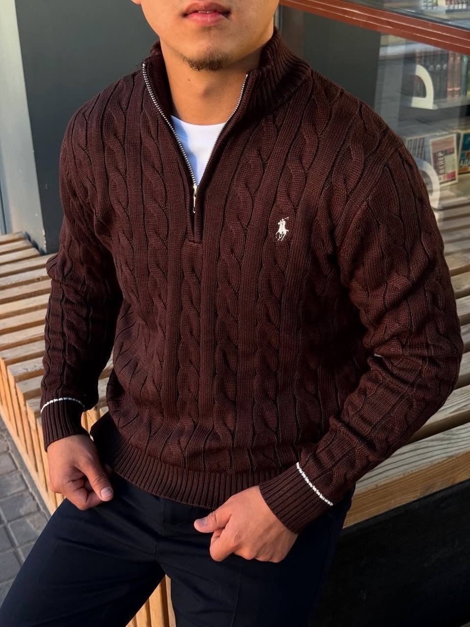 свитер для мужчин,мужской свитер,свитер polo ralph lauren,свитер мужской polo ralph lauren вязаный с воротником на молнии синий,мужская кофта