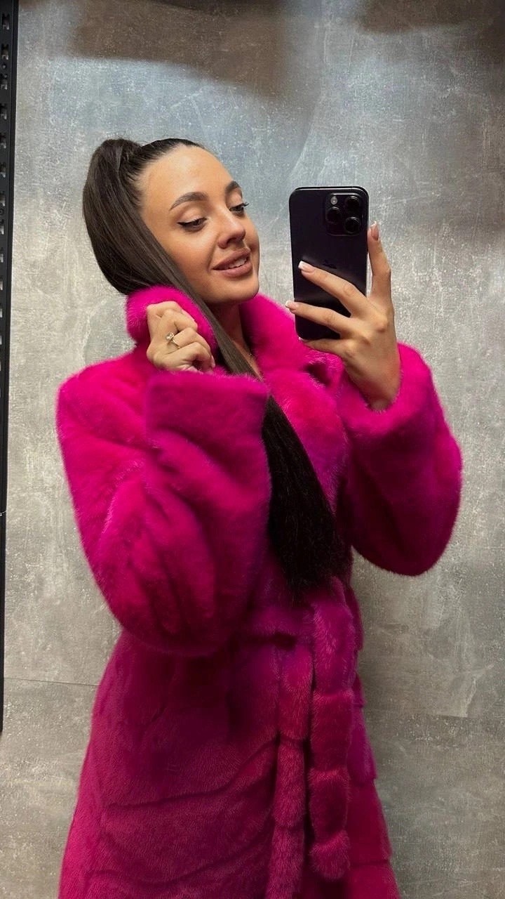 розовая норковая шуба,шуба из плюшевой норки "velvet" розовая,искусственная шуба,норковая шубка с поясом фуксия,шуба длинная