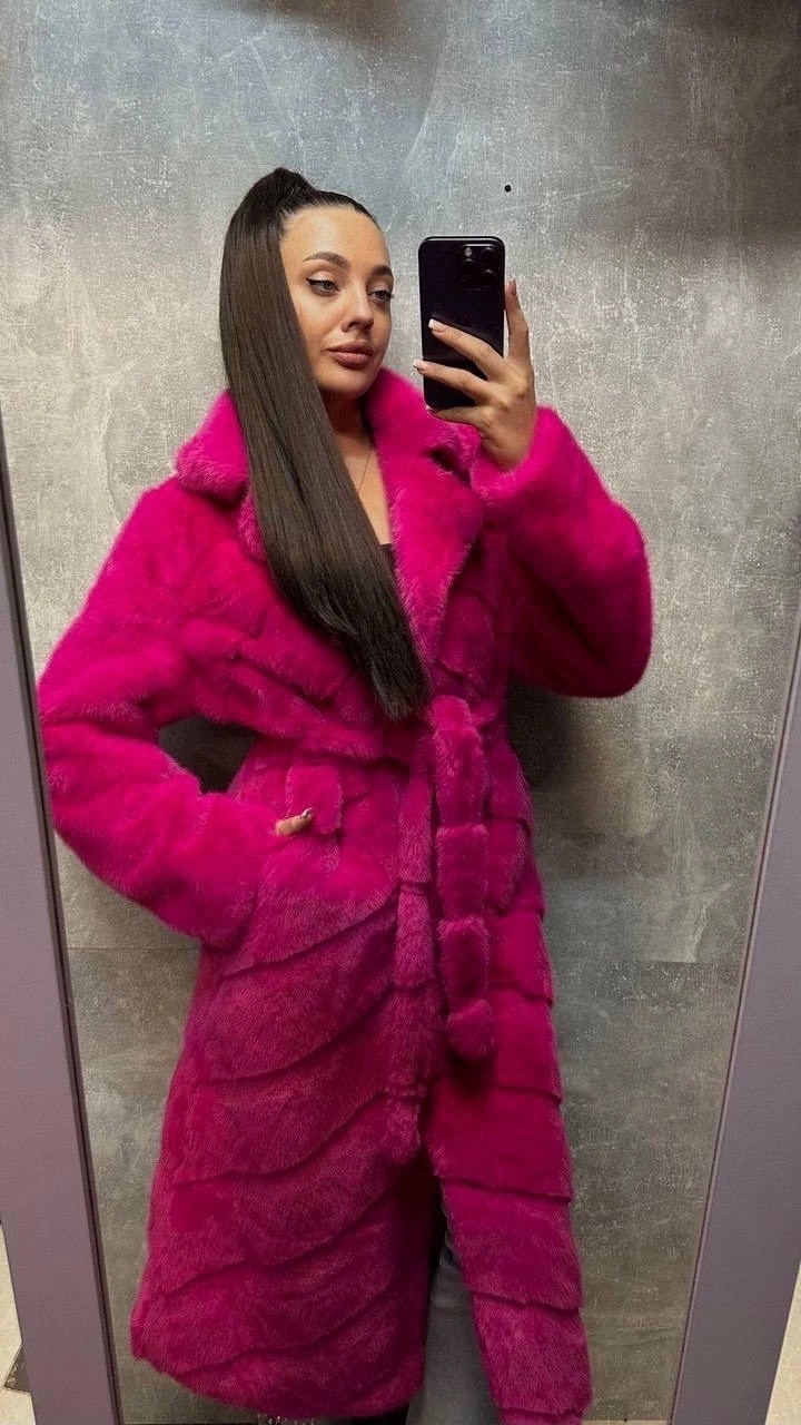 розовая норковая шуба,шуба из плюшевой норки "velvet" розовая,искусственная шуба,норковая шубка с поясом фуксия,шуба длинная