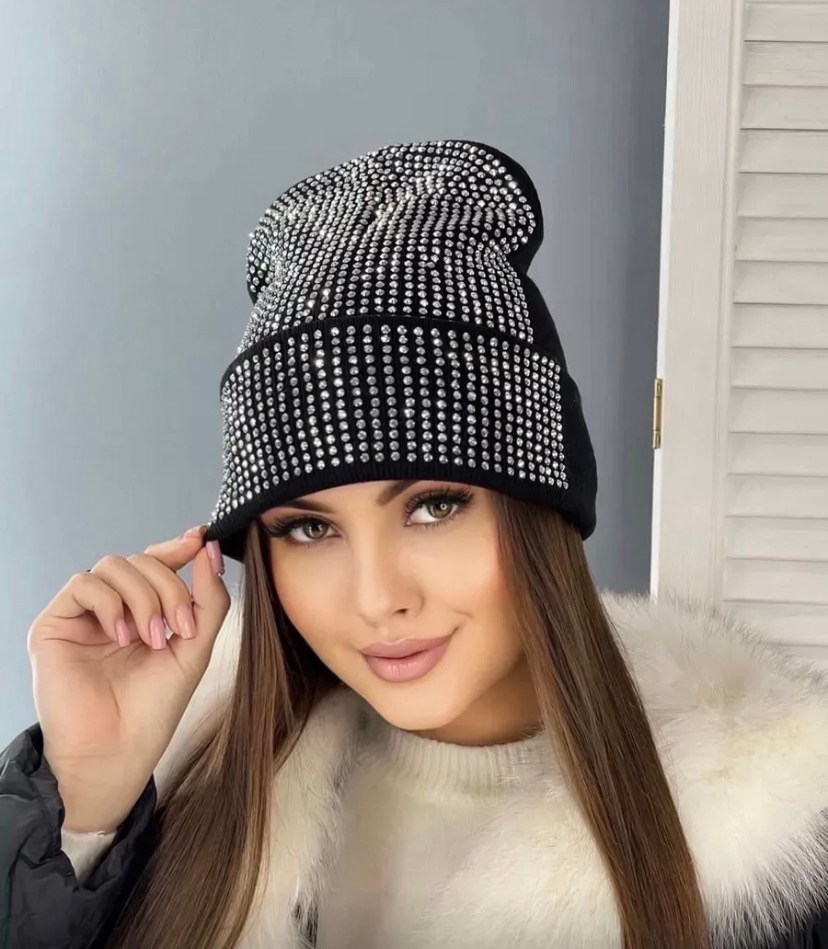шапка бини двухслойная осень-зима со стразами fashion lux,шапка бини со стразами двухслойная демисезонная весна adelelove,шапка бини со стразами,женская стильная шапка бини со стразами,шапка женская б