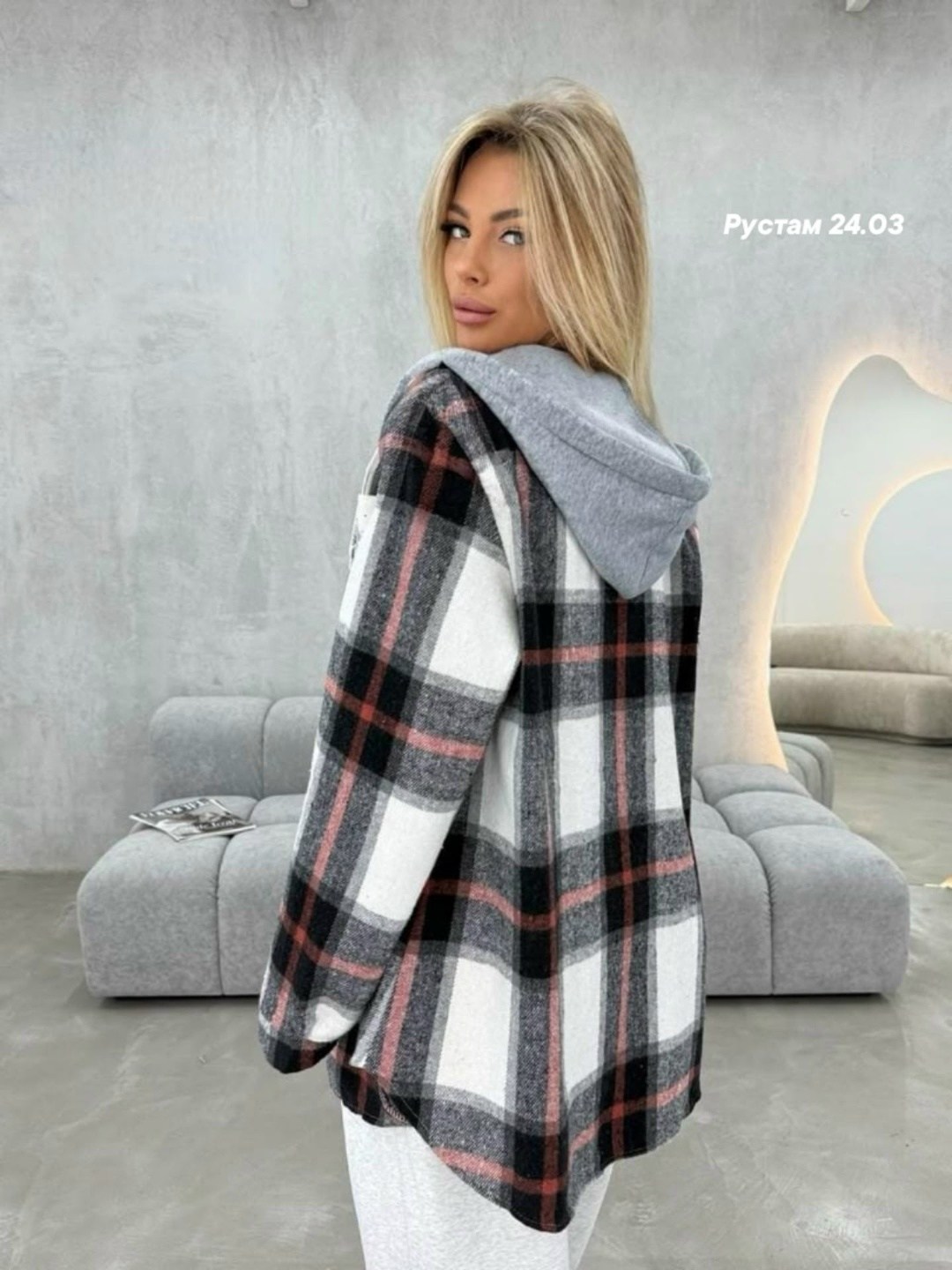рубашка с капюшоном,,женская рубашка,рубашка,рубашка оверсайз теплая в клетку удлиненная amy store