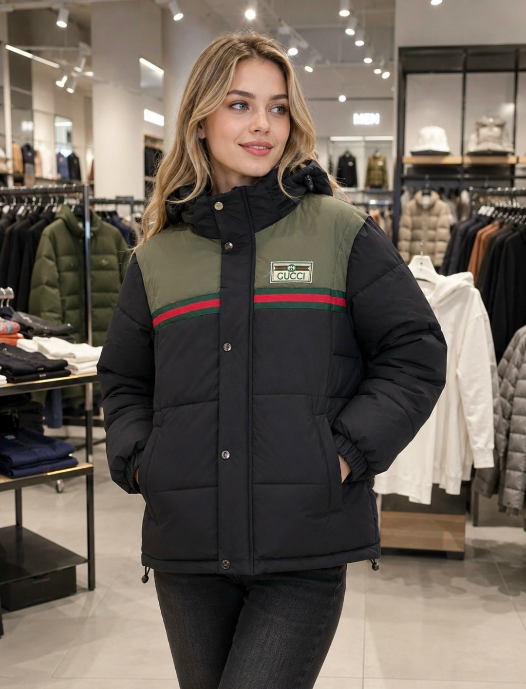 пуховик gucci,куртка gucci,модные пуховики,пуховик мужской женский gucci черный,куртка
