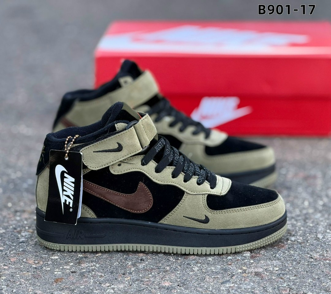 кроссовки зимние nike air force 1,,кроссовки,замшевые кроссовки,кроссовки nike air force 1 mid olive / brown with fur