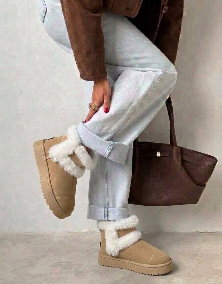 женские угги ugg,короткие угги из натуральной кожи с меховой опушкой бежевые obba,женские угги,угги с мехом на платформе,