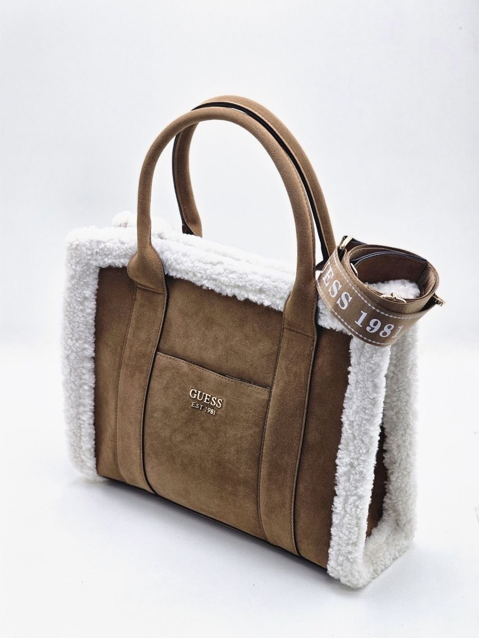 сумка женская guess,сумка женская guess коричневая с меховой отделкой,сумка женская с мехом guess,сумка guess,сумка женская guess тоут