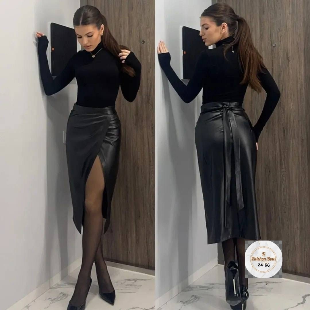 юбка из экокожи,юбки кожаная,юбка кожаная с разрезом,юбка экокожа,женская кожаная юбка миди с высокой талией