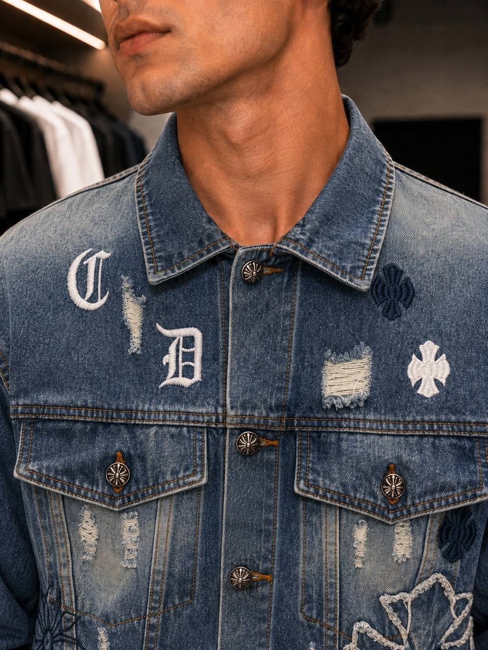 джинсовая куртка,джинсовая куртка chrome hearts,мужская джинсовая куртка,джинсовая куртка с принтом,джинсовка оверсайз мужская