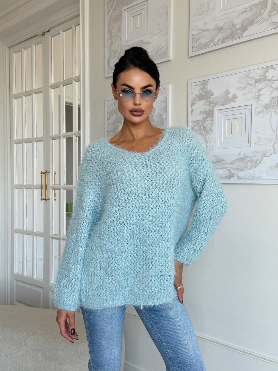 свитер вязаный оверсайз come on lady 261019630,голубая кофта,свитер вязаный,джемпер вязаный оверсайз,голубой свитер