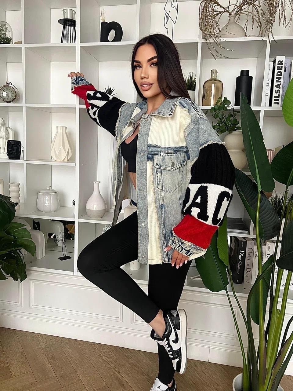 бомбер с джинсовыми вставками shmatovashop,джинсовка с вязанными рукавами shmatovashop,стильная куртка,кардиган,джинсовая куртка