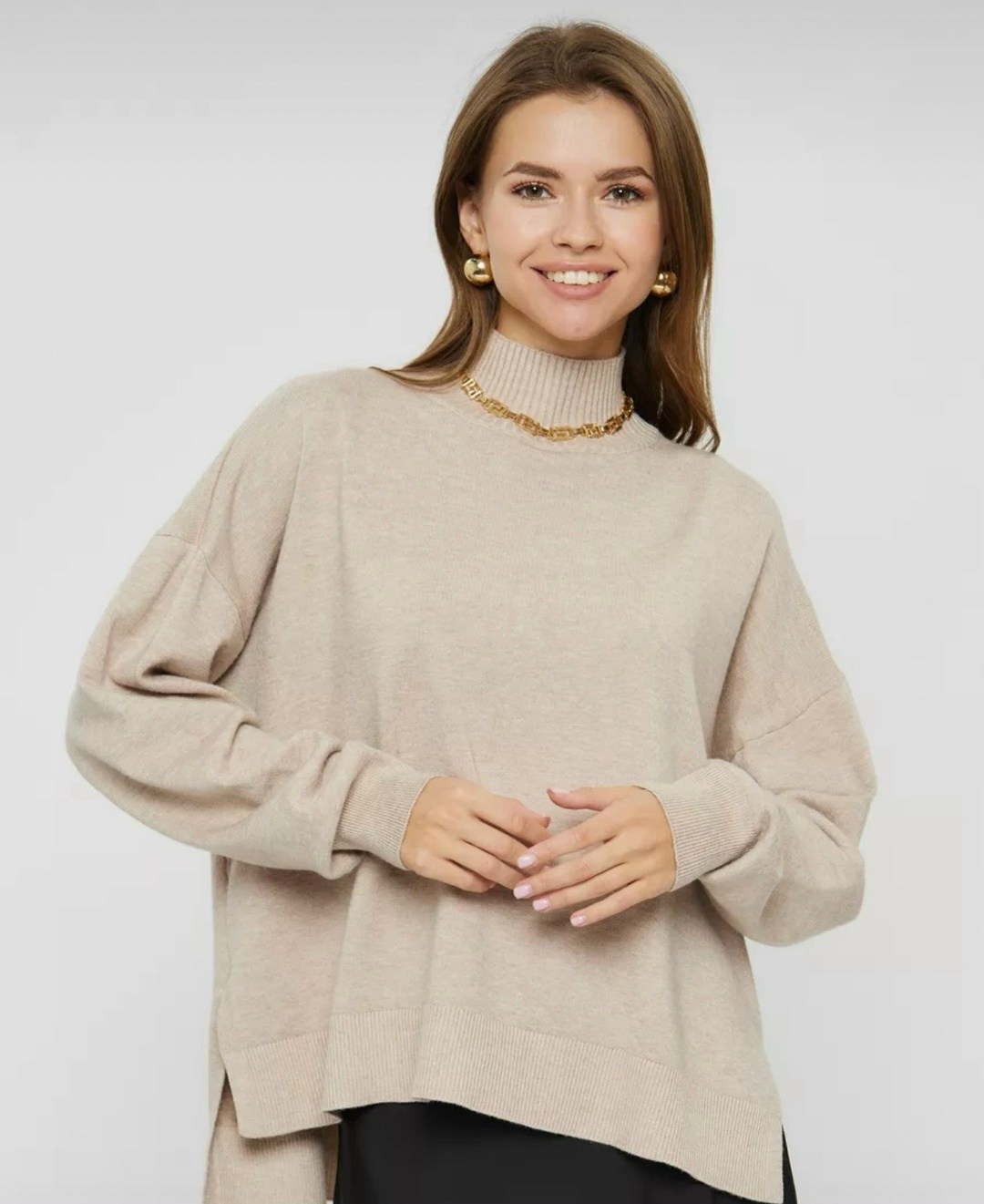 свитер оверсайз джемпер,базовый шерстяной свитер trends brands,джемпер oversize,джемпер бежевый,объёмный джемпер оверсайз бежевый
