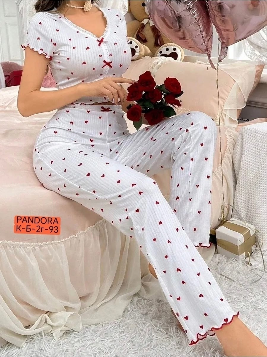 женские пижамные комплекты,пижамы женски,женская пижама,хлопковая пижама с принтом,пижама со штанами с сердечком dorez