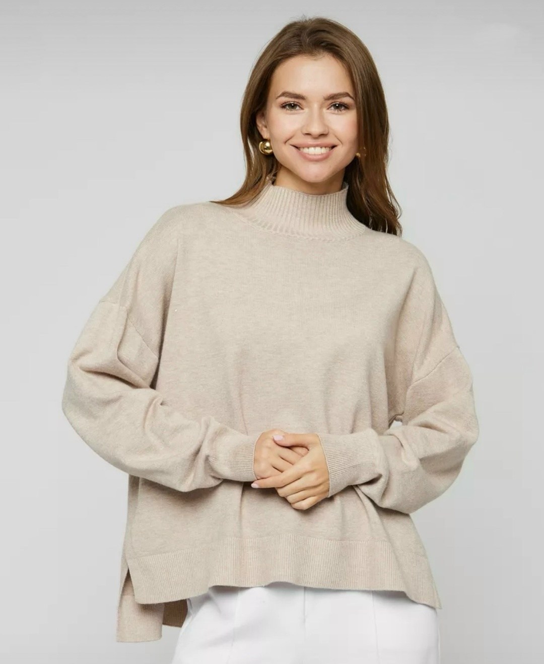 свитер оверсайз джемпер,базовый шерстяной свитер trends brands,джемпер oversize,джемпер бежевый,объёмный джемпер оверсайз бежевый