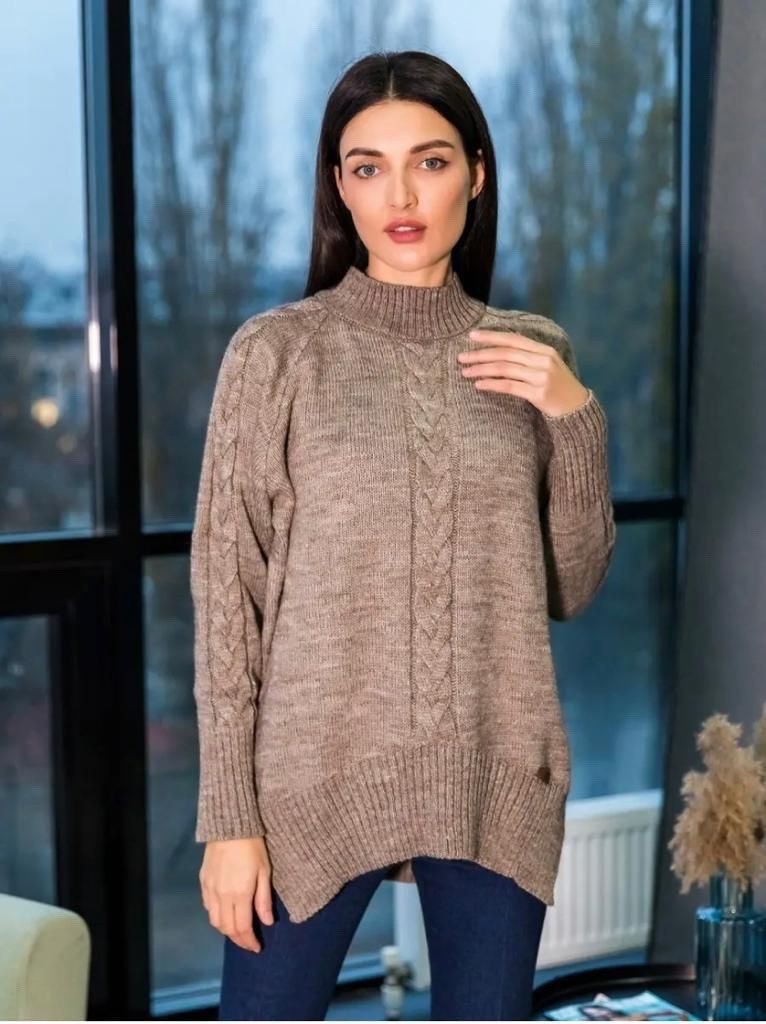 свитер оверсайз oversize вязаный с горлом удлиненный zhukova care 49238824,бежевый джемпер,свитер женский,свитер оверсайз,джемпер оверсайз