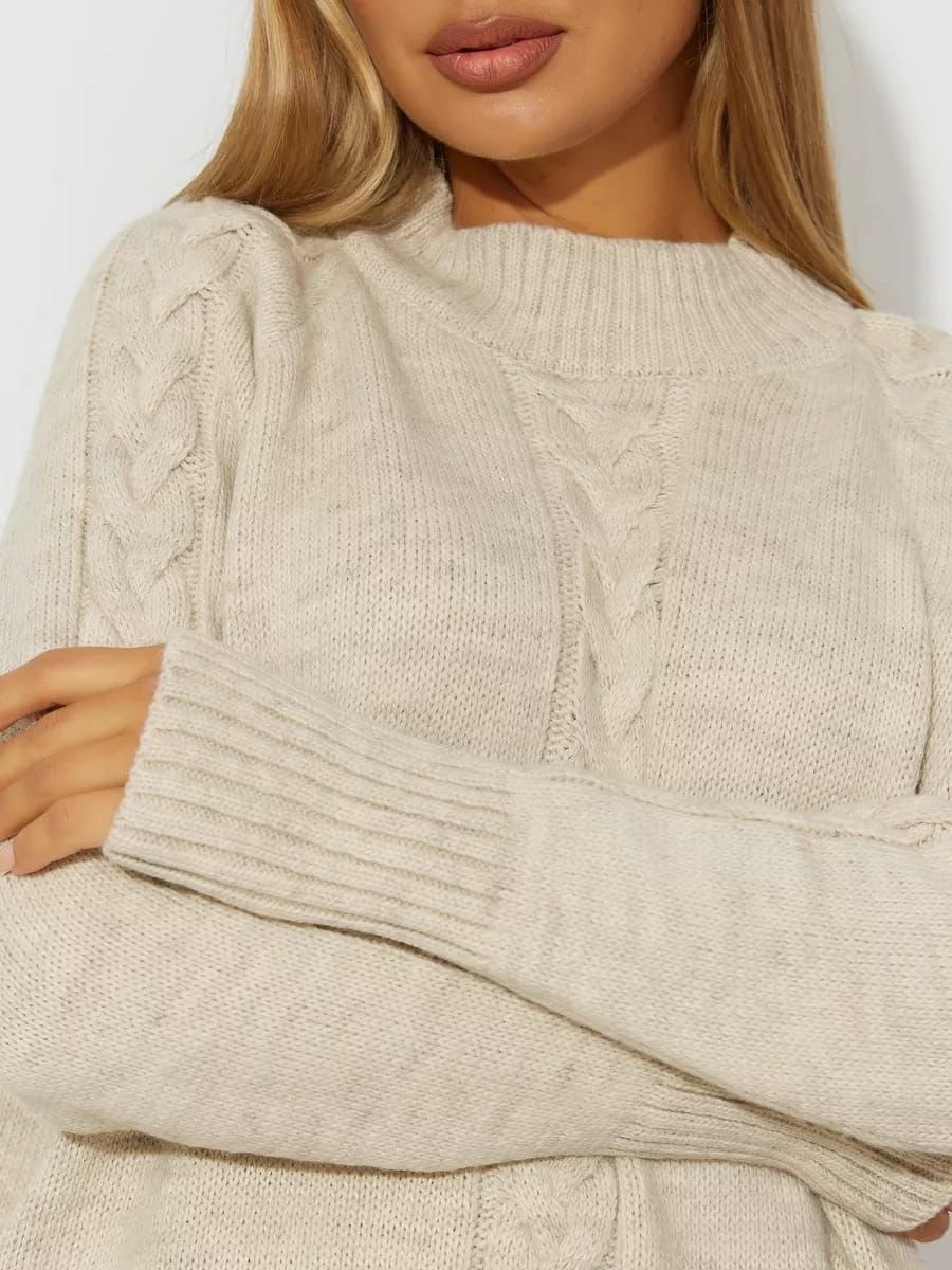 свитер оверсайз oversize вязаный с горлом удлиненный zhukova care 49238824,бежевый джемпер,свитер женский,свитер оверсайз,джемпер оверсайз