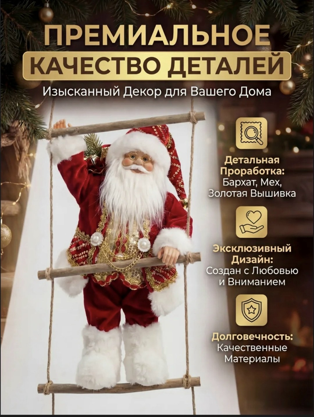 дед мороз игрушка,новогодние дед мороз,дед мороз под елку,музыкальный дед мороз игрушка 50 см,дед мороз на лестнице