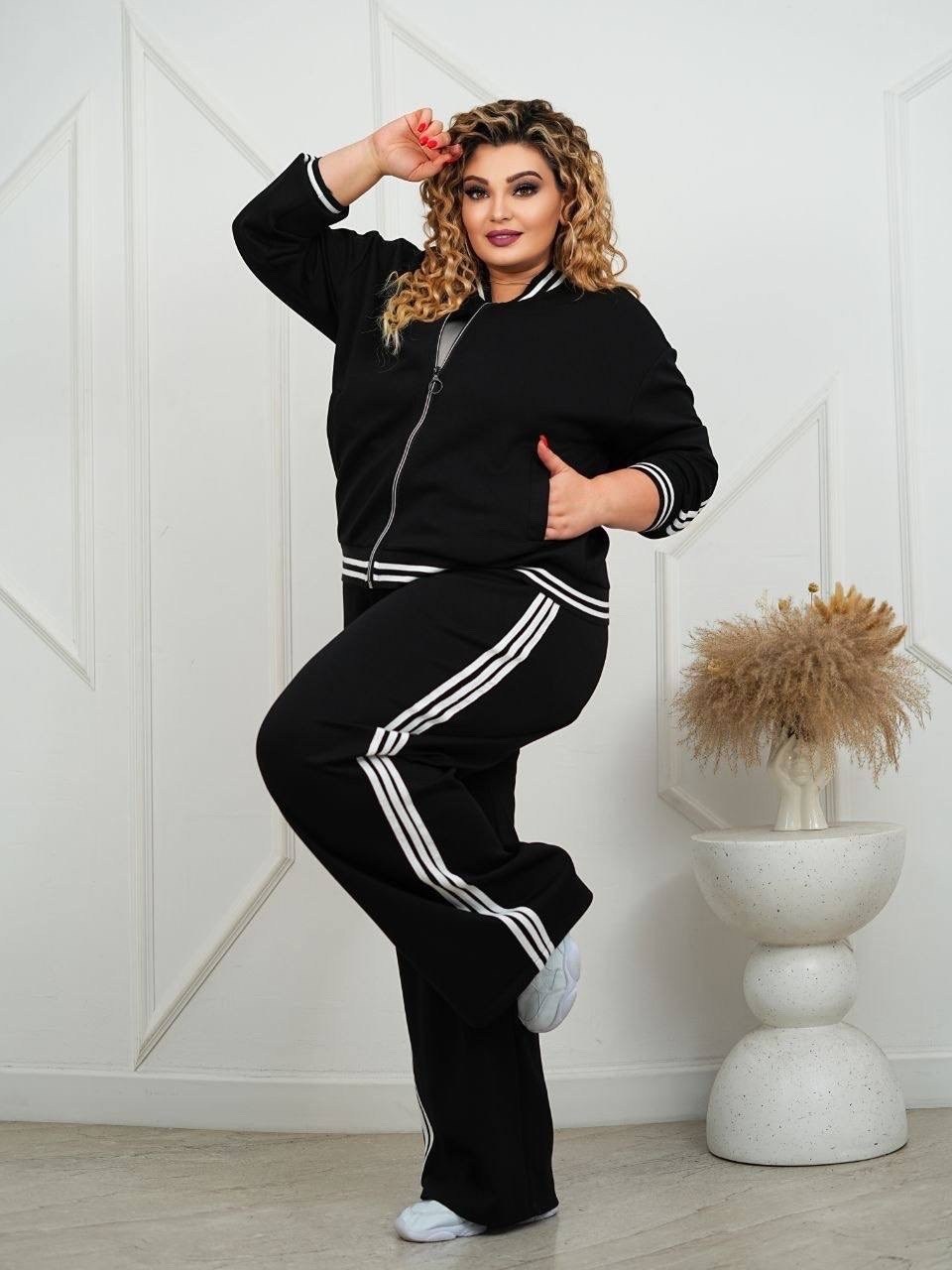 спортивный костюм больших размеров с брюками паллацо janna collection,спортивный костюм больших размеров с брюками паллацо janna collection цвет черный,спортивный костюм больших размеров спорт шик lec