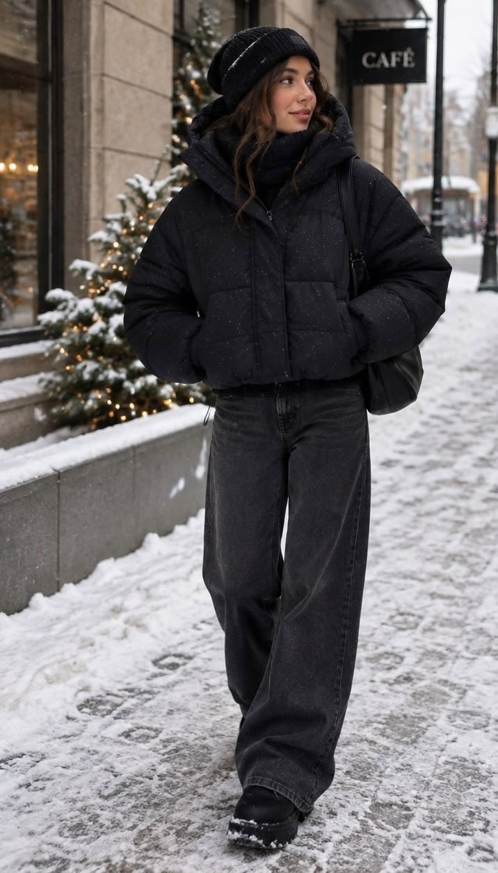 зимний стиль одежды,зимняя мода,зимние наряды,короткий пуховик,зимний стиль