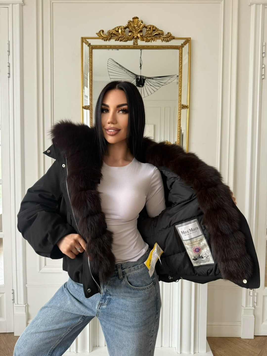 женский чёрный пуховик с мехом max mara,пуховики с мехом,женский чёрный пуховик с натуральным мехом max mara,стильная куртка,пуховики куртки парки