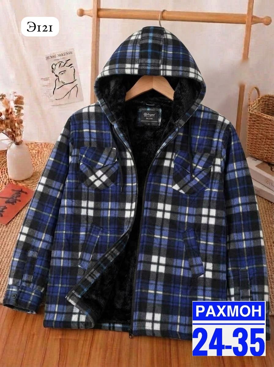 рубашка в клетку теплая с капюшоном h&h fashion,рубашка на флисе,рубашка в клетку теплая с капюшоном,рубашка с капюшоном,теплая рубашка