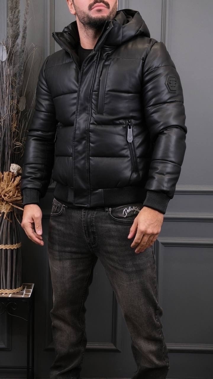 кожаный пуховик мужской,кожаная куртка philipp plein пуховик мужской,стильная мужская куртка,кожаная мужская куртка,зимняя куртка кожаная мужская