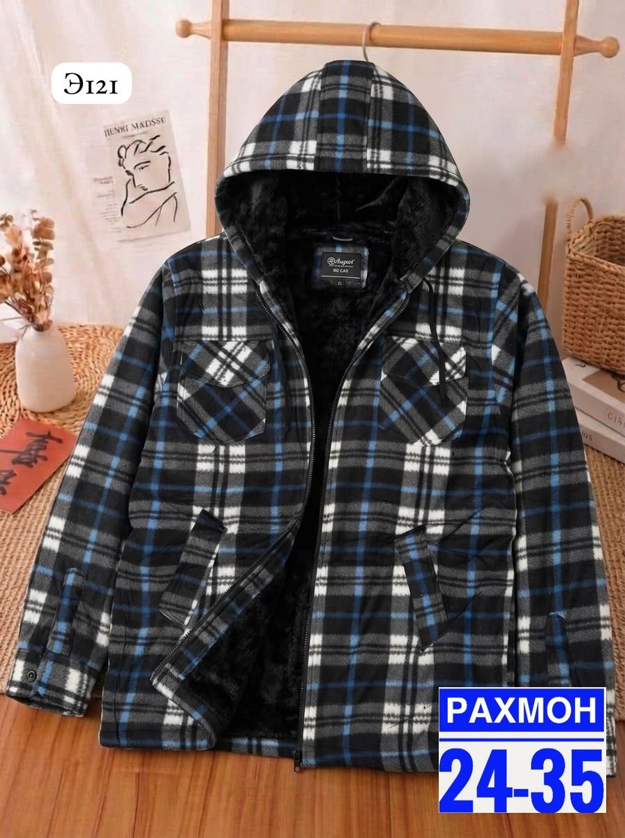 рубашка в клетку теплая с капюшоном h&h fashion,рубашка на флисе,рубашка в клетку теплая с капюшоном,рубашка с капюшоном,теплая рубашка