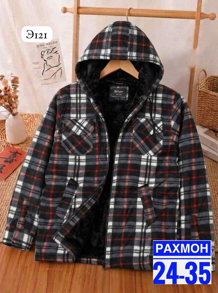 рубашка в клетку теплая с капюшоном h&h fashion,рубашка на флисе,рубашка в клетку теплая с капюшоном,рубашка с капюшоном,теплая рубашка