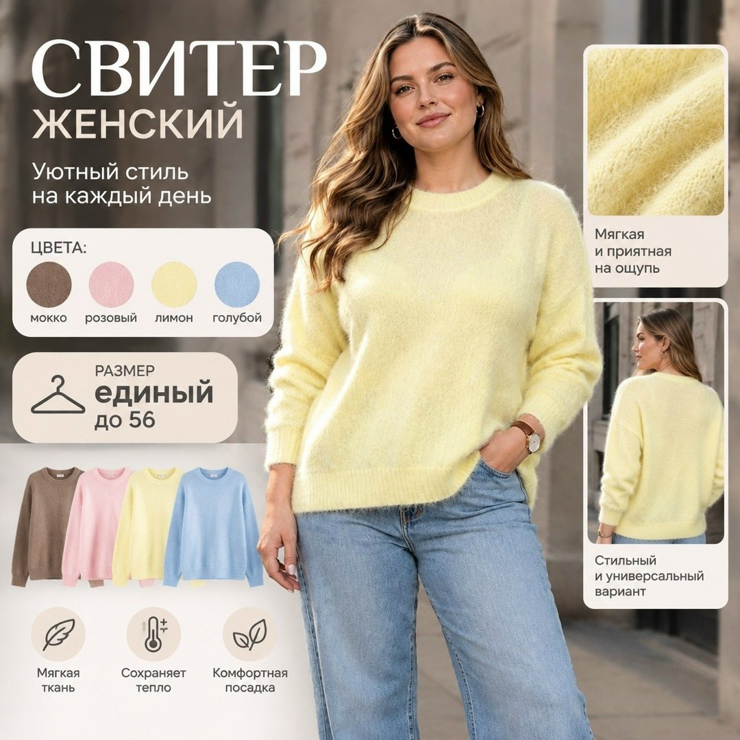 джемпер женский теплый,женские джемпера,джемпер женский idem светло-желтый ангора,джемпер оверсайз,джемпер